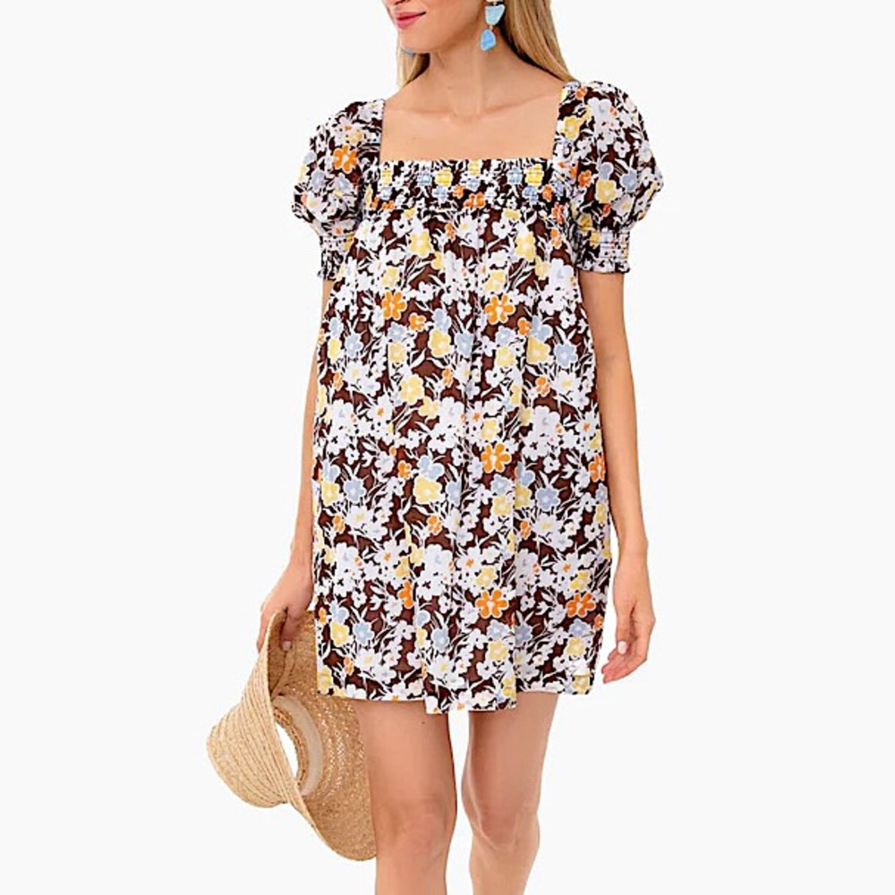 Tory Burch Floral Puff Sleeve Dress - White, Yellow, Brown